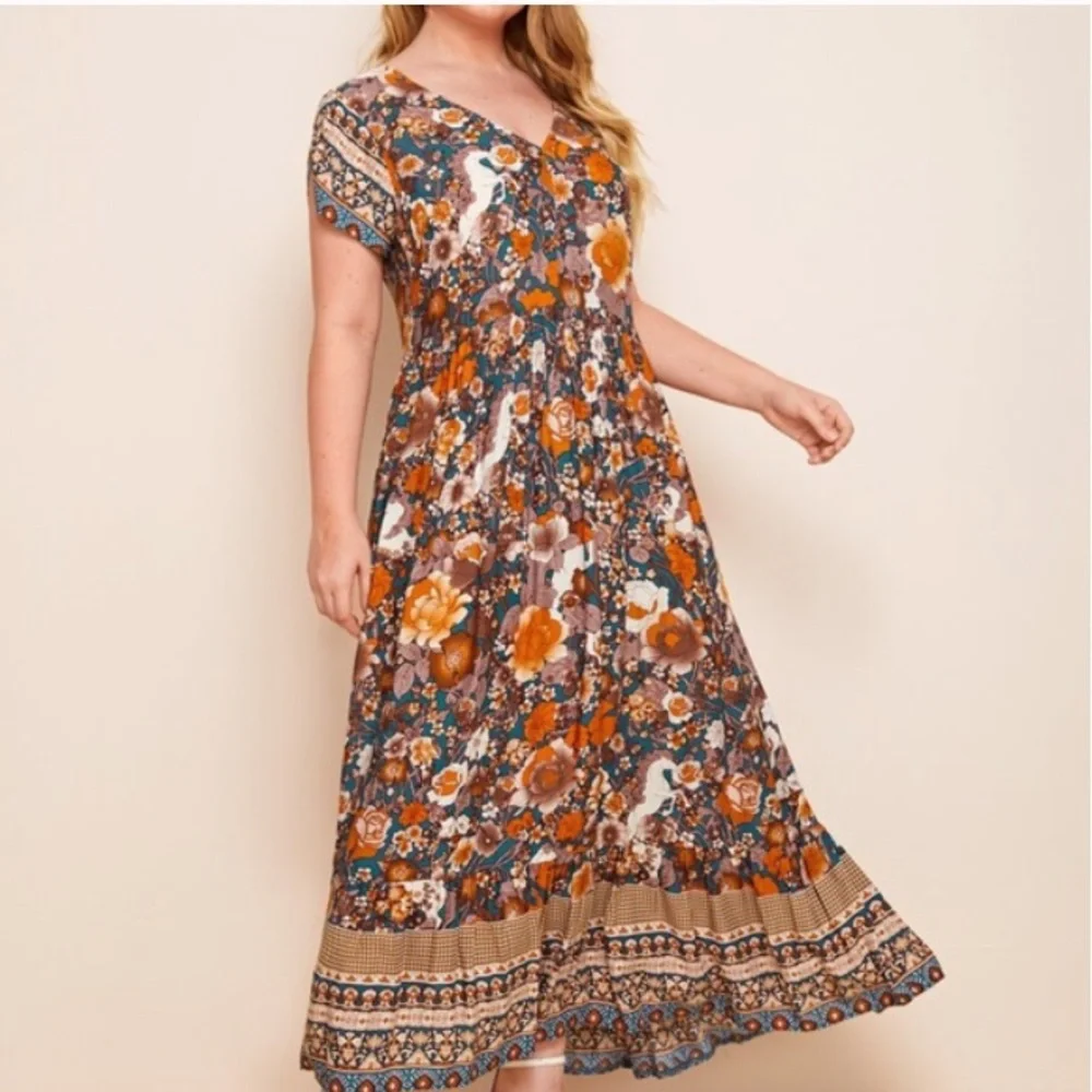 Boho plus size  V neck Floral Orange Maxi Dress - Picture 2 of 5